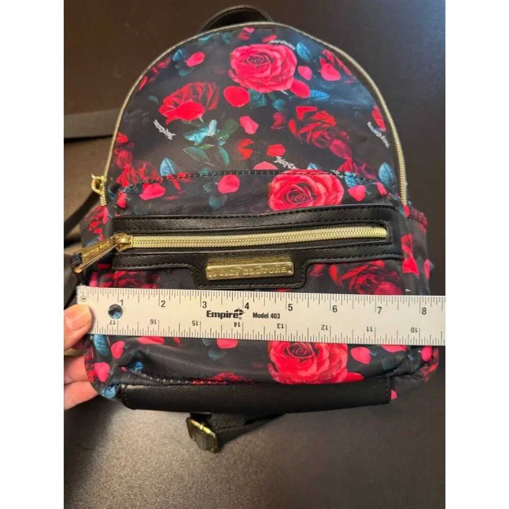 Juicy Couture Rosie Floral Mini Backpack - Black with Red Roses & Gold